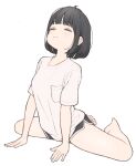  1girl 1ssakawaguchi =_= absurdres arm_support bare_legs barefoot black_shorts blush bob_cut breasts closed_eyes dolphin_shorts highres medium_breasts original shirt short_sleeves shorts simple_background solo spread_legs stretching white_background white_shirt 
