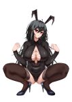  1girl absurdres animal_ears azur_lane black_footwear black_hair black_shirt breasts brown_thighhighs center_opening chuer_722 cleavage collared_shirt fake_animal_ears full_body hair_between_eyes high_heels highres huge_breasts long_hair long_sleeves looking_at_viewer rabbit_ears red_eyes shirt shoes simple_background solo spread_legs squatting taihou_(azur_lane) thighhighs white_background 