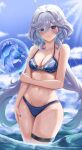  1girl bare_arms bare_legs bare_shoulders bikini blue_bikini blue_eyes blurry blurry_background breasts cleavage embarrassed furina_(genshin_impact) genshin_impact hair_between_eyes highres long_hair looking_at_viewer multicolored_hair swimsuit tyrzul white_hair 