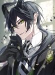  1boy black_hair black_jacket blurry blurry_background closed_mouth collared_shirt commentary_request depth_of_field diagonal-striped_necktie envelope green_eyes green_vest hair_between_eyes highres holding holding_envelope horns jacket long_hair looking_at_viewer male_focus malleus_draconia mochizuki_shiina open_clothes open_jacket pointy_ears shirt solo twisted_wonderland upper_body vest white_shirt 