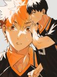  2boys black_eyes black_hair clenched_hand frown grey_background haikyuu!! hair_between_eyes highres hinata_shouyou kageyama_tobio male_focus mirin_(coene65) multiple_boys orange_hair parted_lips short_hair short_sleeves solo sportswear sweat volleyball_uniform 