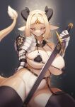  absurd_res anthro armor blonde_hair blue_eyes breasts clothing female hair hi_res horn legwear looking_at_viewer melee_weapon solo stockings sword weapon whooo-ya yellow_body 