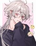  1boy alternate_costume alternate_hairstyle androgynous ankou_(shuuen_no_virche) bishounen black_shirt border braid ceres_(shuuen_no_virche) closed_mouth crown_braid emoji glasses grey_hair highres long_hair long_sleeves male_focus pink_background pleading_face_emoji red_eyes rendong06 shirt shuuen_no_virche solo translation_request twitter_username white_border 