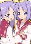  2girls :d blue_eyes closed_mouth collarbone hairband highres hiiragi_kagami hiiragi_tsukasa holding_hands interlocked_fingers light_purple_hair long_hair long_sleeves looking_at_viewer lucky_star multiple_girls neckerchief nicomi-chan open_mouth parted_bangs pink_neckerchief puffy_long_sleeves puffy_sleeves red_sailor_collar ribbon ryouou_school_uniform sailor_collar school_uniform serafuku shirt short_hair siblings sisters smile split_mouth tareme tsurime white_shirt yellow_hairband yellow_ribbon 