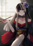  1girl black_hair black_kimono blonde_hair blue_eyes breasts choker cleavage collarbone flower hair_flower hair_ornament highres holding holding_smoking_pipe hololive japanese_clothes juufuutei_raden kimono lace lace_choker leaf long_hair obi obijime off_shoulder red_brooch red_nails sash smoking_pipe solo uni_(maru231) virtual_youtuber window yellow_sash 