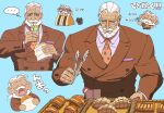  1boy animal bara beard black_cat blue_background blue_eyes bread_bun business_suit cat chibi chibi_inset dark-skinned_male dark_skin drinking eating facial_hair food glasses handkerchief highres holding holding_food jp_(street_fighter) juice_box large_pectorals long_hair male_focus mature_male muscular muscular_male mustache necktie old old_man pastry pectorals ponytail rectangular_eyewear sa1k0p solo speech_bubble street_fighter street_fighter_6 suit thick_eyebrows thick_mustache translation_request white_hair 