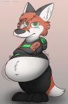  ambiguous_gender anthro belly big_belly black_body bottomwear canid canine clothed clothing fox foxball fur hanging_belly hi_res looking_at_viewer mammal multicolored_body navel orange_body pants simple_background solo standing topwear white_body 