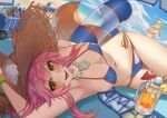  2girls absurdres ahoge animal_ear_fluff animal_ears arms_behind_back beach beach_umbrella bikini blonde_hair blue_bikini blush breasts cleavage cloud cloudy_sky coca-cola cooler criss-cross_halter day ears_through_headwear faceless fate/grand_order fate_(series) food food_in_mouth fox_ears fox_girl fox_tail hair_intakes halterneck hat highres holding holding_food innertube large_breasts long_hair looking_at_viewer lying multiple_girls navel nero_claudius_(fate) nero_claudius_(swimsuit_caster)_(fate) ocean outdoors pink_hair red_bikini side-tie_bikini_bottom sky sling_bikini_top smile straw_hat striped striped_bikini swimsuit tail tamamo_(fate) tamamo_no_mae_(swimsuit_lancer)_(fate) tamamo_no_mae_(swimsuit_lancer)_(third_ascension)_(fate) twintails type-moon umbrella water yellow_eyes zero_yee 