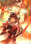  1girl black_hair black_headwear cape chinese_new_year closed_mouth festival genshin_impact highres holding_lamp lantern light_particles long_hair pink_cape puffy_sleeves red_eyes smile solo streamers tang_qi_zang upper_body yun_jin_(genshin_impact) 