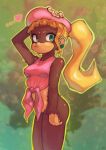  &lt;3 absurd_res anthro beret blonde_hair bottomless clothed clothing crop_top dixie_kong donkey_kong_(series) female frown hair haplorhine hat headgear headwear hi_res kong looking_at_viewer mammal monkey nintendo onimiere ponytail primate shirt solo topwear 