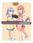  2girls animal_slippers apron blue_dress blue_eyes blue_hair blush bobby_socks border bunny_slippers closed_mouth collared_dress collared_shirt commentary_request cooking dress flour food frilled_apron frilled_socks frills frying_pan full_body gochuumon_wa_usagi_desu_ka? hair_between_eyes hair_ornament hairclip highres holding holding_frying_pan holding_spatula hoto_cocoa kafuu_chino light_blue_hair long_hair looking_at_another mixing_bowl mohei multiple_girls open_mouth orange_hair pancake pink_apron ponytail purple_eyes red_ribbon ribbon shirt short_hair short_sleeves sidelocks simple_background slippers socks spatula standing standing_on_one_leg stove white_border white_footwear white_shirt white_socks x_hair_ornament yellow_apron yellow_background 