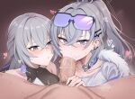  1boy 2girls absurdres bronya_rand earrings erection fellatio ffm_threesome goggles goggles_on_head grey_hair group_sex hair_between_eyes heart highres honkai:_star_rail honkai_(series) jewelry kisa_(leg3043) large_penis long_hair looking_at_another looking_at_viewer male_pubic_hair multiple_girls oral penis ponytail pov pubic_hair silver_wolf_(honkai:_star_rail) stray_pubic_hair threesome tongue tongue_out veins veiny_penis 