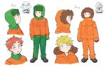  2boys blonde_hair blue_eyes character_name closed_mouth commentary_request fur-trimmed_jacket fur_hat fur_trim gloves green_eyes green_gloves green_headwear green_pants hat highres hood hood_down hooded_jacket jacket kenny_mccormick kyle_broflovski light_blush looking_at_viewer male_focus multiple_boys multiple_views nano8 open_mouth orange_hair orange_jacket pants short_hair simple_background south_park ushanka white_background 