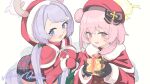  2girls :d bell beret black_gloves blue_archive blush border buttons capelet christmas coat fake_antlers fur-trimmed_capelet fur-trimmed_mittens fur_trim gloves hair_bun halo hanae_(blue_archive) hanae_(christmas)_(blue_archive) hat holding long_sleeves looking_at_viewer mistletoe_hair_ornament mittens multiple_girls official_alternate_costume pink_eyes pink_hair plaid plaid_skirt red_capelet red_coat red_headwear red_mittens red_sweater sack santa_hat serina_(blue_archive) serina_(christmas)_(blue_archive) simple_background single_hair_bun skirt smile sweater sweater_tucked_in tatara_(alnath_may) upper_body white_background 