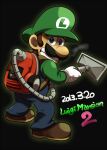  1boy backpack bag black_background blue_eyes blue_overalls blue_pants brown_footwear brown_hair clenched_teeth commentary_request copyright_name dated facial_hair from_behind full_body gloves green_headwear green_shirt hand_up hat holding_vacuum_cleaner kinashi long_sleeves looking_at_viewer luigi luigi&#039;s_mansion luigi&#039;s_mansion:_dark_moon male_focus mario_(series) mustache overalls pants poltergust_5000 raised_eyebrows scared shirt shoes short_hair simple_background solo standing teeth vacuum_cleaner white_gloves 