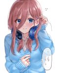  1girl blue_cardigan blue_eyes blush brown_hair cardigan chigusa_minori collared_shirt commentary_request flying_sweatdrops go-toubun_no_hanayome hair_between_eyes hair_tucking hand_on_own_chest headphones headphones_around_neck long_hair long_sleeves looking_at_viewer nakano_miku shirt simple_background sleeves_past_wrists smile solo translated upper_body white_background white_shirt 