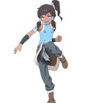 1girl :d aged_down avatar_legends blue_shirt boots brown_footwear clenched_hand commentary dark-skinned_female dark_skin english_commentary grey_eyes grey_pants hair_tubes high_ponytail highres korra ludo0109 paid_reward_available pants pelt shirt simple_background sleeveless sleeveless_shirt smile solo standing standing_on_one_leg the_legend_of_korra upper_body v-shaped_eyebrows white_background 