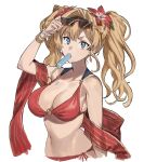  1girl adjusting_eyewear arm_at_side bare_shoulders bead_bracelet beads bikini blonde_hair blue_eyes bracelet breasts cropped_torso earrings eyewear_on_head flower food_in_mouth granblue_fantasy hair_flower hair_ornament hashibiro_kou_(garapiko_p) highres jewelry large_breasts long_hair looking_at_viewer navel o-ring o-ring_bikini popsicle_in_mouth red_bikini shawl sidelocks simple_background solo sunglasses swimsuit twintails upper_body white_background zeta_(granblue_fantasy) zeta_(summer)_(granblue_fantasy) 