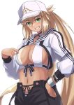  1girl artoria_caster_(fate) artoria_caster_(swimsuit)_(fate) artoria_pendragon_(fate) baseball_cap bikini black_pants blonde_hair blush breasts cleavage cropped_jacket fate/grand_order fate_(series) green_eyes grin hat highres jacket ksfactory long_hair long_sleeves looking_at_viewer medium_breasts navel pants shrug_(clothing) smile solo swimsuit tan tanlines twintails white_bikini white_headwear white_jacket 