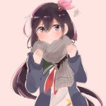  1girl black_cardigan blush brown_background cardigan closed_mouth crescent crescent_pin fringe_trim green_sailor_collar grey_scarf hair_between_eyes hair_ornament itomugi-kun kantai_collection kisaragi_(kancolle) kisaragi_kai_ni_(kancolle) long_hair long_sleeves looking_at_viewer lowres neckerchief open_cardigan open_clothes pout purple_eyes purple_hair red_neckerchief sailor_collar scarf school_uniform serafuku simple_background solo upper_body 