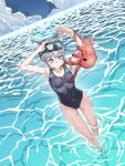  1girl absurdres animal_ear_fluff animal_ears black_one-piece_swimsuit blue_archive blue_eyes blue_sky breasts cloud competition_swimsuit covered_navel cross_hair_ornament day diving_mask diving_mask_on_head extra_ears from_above goggles goggles_on_head grey_hair hair_ornament halo highres low_ponytail medium_breasts medium_hair mismatched_pupils multicolored_clothes multicolored_swimsuit octopus official_alternate_costume one-piece_swimsuit saturn_(pixiv_89737999) shiroko_(blue_archive) shiroko_(swimsuit)_(blue_archive) sky snorkel swimsuit wading water wolf_ears 