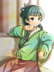  1girl asuka_(pixiv82529874) blue_eyes blurry blurry_background brown_skirt cup green_hair green_kimono highres holding holding_cup indoors japanese_clothes kimono kusuriya_no_hitorigoto long_hair maomao_(kusuriya_no_hitorigoto) sitting skirt solo teacup 