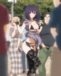  2girls 4boys :o absurdres apron black_bra black_panties black_thighhighs blurry blurry_background blurry_foreground bra breasts cosplay day dress felipe_godoy grey_apron hands_up highres implied_masturbation kitagawa_marin kuroe_shizuku lingerie male_masturbation masturbation medium_breasts multiple_boys multiple_girls open_mouth outdoors panties purple_eyes purple_hair solo_focus sono_bisque_doll_wa_koi_wo_suru suzuka_(kisekoi) thighhighs underwear 