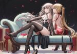  2girls arm_support armlet backless_dress backless_outfit bare_shoulders black_background black_choker black_dress black_gloves black_thighhighs box breasts chair choker closed_mouth crossed_bangs crossed_legs cup dress drink drinking_glass elbow_gloves falling_petals flower from_behind gift gift_box girls&#039;_frontline gloves grey_hair hair_between_eyes haneru high_heels highres holding holding_cup light long_hair looking_at_viewer looking_back lounge_chair multiple_girls no_shoes orange_eyes petals red_dress red_eyes red_flower scar scar_across_eye shoes shoes_removed sidelocks sitting sleeveless sleeveless_dress small_breasts thighhighs ump45_(girls&#039;_frontline) ump9_(girls&#039;_frontline) wine_glass 
