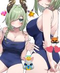  1girl alternate_costume arms_behind_back ass back bird blue_eyes blue_one-piece_swimsuit blush braid breasts brown_horns chicken cleavage closed_mouth commentary_request cowboy_shot curled_horns demon_girl demon_horns demon_tail emoji expressionless green_hair hair_between_eyes hair_over_one_eye halo heart highres holding_own_arm horns large_breasts long_bangs long_hair looking_at_viewer multiple_views nanashi_inc. one-piece_swimsuit open_mouth sekishiro_mico side_braid sideboob simple_background single_braid swimsuit tail tamotsu_(mary) virtual_youtuber white_background 