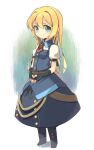  1girl ascot belt black_footwear blonde_hair blue_eyes blue_skirt blue_vest brown_belt closed_mouth fingerless_gloves frederica_irving full_body gloves hair_between_eyes highres long_hair long_skirt looking_at_viewer lr. puffy_short_sleeves puffy_sleeves red_ascot sekaiju_no_meikyuu shin_sekaiju_no_meikyuu shirt short_sleeves skirt smile solo standing vest white_shirt 