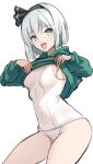  1girl :d absurdres amisu black_hairband breasts clothes_lift commentary_request covered_navel green_eyes grey_hair groin hairband highres konpaku_youmu lifted_by_self long_sleeves looking_at_viewer one-hour_drawing_challenge one-piece_swimsuit open_mouth short_hair simple_background smile solo swimsuit touhou white_background white_one-piece_swimsuit 