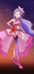  1girl aono_miki asymmetrical_clothes asymmetrical_legwear bare_shoulders blush boots bow braid commentary cosplay crossover cure_berry cure_butterfly cure_butterfly_(cosplay) earrings eyelashes fpminnie1 fresh_precure! gradient_background hair_ornament happy highres hirogaru_sky!_precure in-franchise_crossover jewelry long_hair looking_at_viewer magical_girl midriff navel one_eye_closed pantyhose pink_footwear pink_shirt pink_skirt precure purple_eyes purple_hair shirt single_braid single_leg_pantyhose sketch skirt smile solo standing trait_connection 