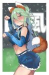  1girl animal_ears aqua_eyes blue_skirt blush cheerleader closed_mouth cowboy_shot fox_ears fox_tail frilled_skirt frills from_side green_hair hair_between_eyes hair_ornament hairclip highres hokkaido_nippon-ham_fighters jewelry kantai_collection kitsune_dance long_hair looking_at_viewer pleated_skirt ponytail ring sidelocks skirt solo suzuki_toto tail wedding_ring yamakaze_(kancolle) 