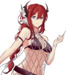  1girl arknights bare_shoulders bikini black_bikini breasts feather_hair_ornament feathers hair_ornament highres horns lim_aya_w long_hair medium_breasts navel purple_eyes red_hair simple_background solo stomach surtr_(arknights) swimsuit upper_body very_long_hair white_background 
