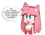 1girl alternate_costume alternate_hairstyle amy_rose aqua_eyes bare_shoulders breasts furry hairband highres long_hair lowered_eyelids medium_breasts open_mouth red_hairband red_skirt shirt skirt sleeveless sleeveless_shirt smile solo sonic_(series) speech_bubble toonsite upper_body white_shirt 