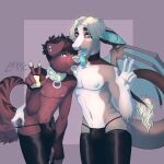  anthro bodily_fluids canid canine canis clothing collar digital_media_(artwork) domestic_dog dragon duo fur hair hi_res la.xtc lano_(la.xtc) legwear looking_at_viewer male mammal nipples nude saliva saliva_string simple_background tai_(krugell) thong tongue tongue_out underwear 