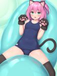  1girl :d animal_ears animal_hands aqua_eyes balloon black_thighhighs blue_one-piece_swimsuit blush breasts cat_ears cat_tail fake_animal_ears gloves green_eyes highres looking_at_viewer medium_hair one-piece_swimsuit original paw_gloves pink_hair sasaame school_swimsuit small_breasts smile solo swimsuit tail thighhighs 