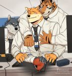  5_fingers anthro anthro_on_anthro bulge canid canine claws clothed clothing countershade_face countershade_fur countershading felid fingers fur gakujo group hi_res interspecies male male/male mammal necktie orange_body orange_fur pantherine tiger trio 