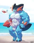  anthro balls beach blush bodily_fluids generation_3_pokemon genitals hi_res male muscular muscular_male nintendo nude penis pokemon pokemon_(species) seaside solo speech_bubble swampert sweat voviat 