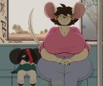  absurd_res anthro big_breasts black_body breasts cleavage clothed clothing duo female hi_res huge_breasts koala larger_female male mammal marsupial mouse murid murine rodent size_difference smaller_male thick_thighs vombatiform wit_1 yellow_body 