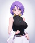  1girl aged_up belt black_belt blonde_hair breasts bright_pupils colored_tips crescent crescent_earrings earrings fian_f.n grey_background highres hololive hololive_indonesia jewelry looking_at_viewer medium_breasts medium_hair moona_hoshinova multicolored_hair necklace pants purple_eyes purple_hair purple_nails ribbed_sweater single_earring solo sweater sweater_tucked_in virtual_youtuber white_pants white_pupils 