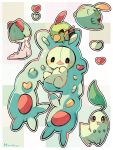  :d :o animal_focus artist_name beak bird chikorita colored_skin commentary_request floating green_skin green_theme gulpin hanabusaoekaki heart highres leaf natu no_humans one_eye_closed open_mouth pokemon pokemon_(creature) ralts red_eyes reuniclus smile solid_oval_eyes white_skin 