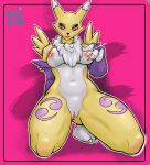  absurd_res albinion anthro areola balls bandai_namco bodily_fluids digimon digimon_(species) digital_media_(artwork) female genital_fluids genitals hi_res looking_at_viewer nintendo nipples pokemon pussy red_nipples renamon simple_background smile solo white_body yellow_body 