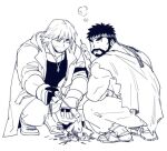  2boys bara beard_stubble blank_stare campfire cooking eating forked_eyebrows full_body grilling headband ken_masters looking_at_viewer male_focus mature_male multiple_boys muscular muscular_male mustache_stubble ryu_(street_fighter) sanpaku short_hair solid_circle_eyes squatting street_fighter street_fighter_6 thick_eyebrows yuiofire 
