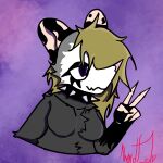  alt-psychedelics american_opossum anthro black_ears blonde_hair breasts bust_portrait chest_tuft collar digital_drawing_(artwork) digital_media_(artwork) featureless_breasts female fur gesture grey_body grey_fur grey_tuft hair mammal marsupial multicolored_ears pink_nose portrait purple_background purple_eyes simple_background spiked_collar spikes tan_ears trans_(lore) trans_woman_(lore) tuft two_tone_ears v_sign winter_(noodleoh) 