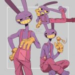  1boy absurdres colored_skin gloves highres holding holding_key jax_(the_amazing_digital_circus) kageimo key male_focus multiple_views overalls pink_overalls purple_skin rabbit_boy simple_background smile the_amazing_digital_circus yellow_gloves yellow_teeth 
