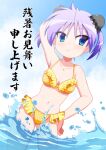  1girl bikini blue_eyes closed_mouth day hand_on_own_hip hiiragi_kagami hiyoko_(chick&#039;s_theater) lucky_star outdoors purple_hair smile solo standing swimsuit water yellow_bikini 