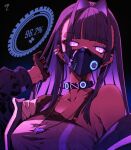  1girl blue_eyes blue_hair choker collarbone ear_piercing eyebrows_hidden_by_hair gloves glowing glowing_eyes hair_intakes hololive hololive_english jacket mask mouth_mask ouro_kronii piercing solo speaker taka_t virtual_youtuber 