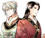  2boys black_hair chinese_clothes earrings gold_trim grey_eyes grey_hair highres jewelry kou_reishin li_kouyuu looking_at_another male_focus multiple_boys saiunkoku_monogatari simple_background stud_earrings sweatdrop upper_body white_background 