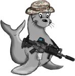  1962 20th_century alpha_channel ambiguous_gender ancient_art clothing feral grey_body grey_skin gun hat hat_only headgear headgear_only headwear headwear_only looking_at_viewer mammal marine military military_hat mostly_nude pinniped ranged_weapon sammy_the_seal seal simple_background solo transparent_background unknown_artist weapon whiskers 
